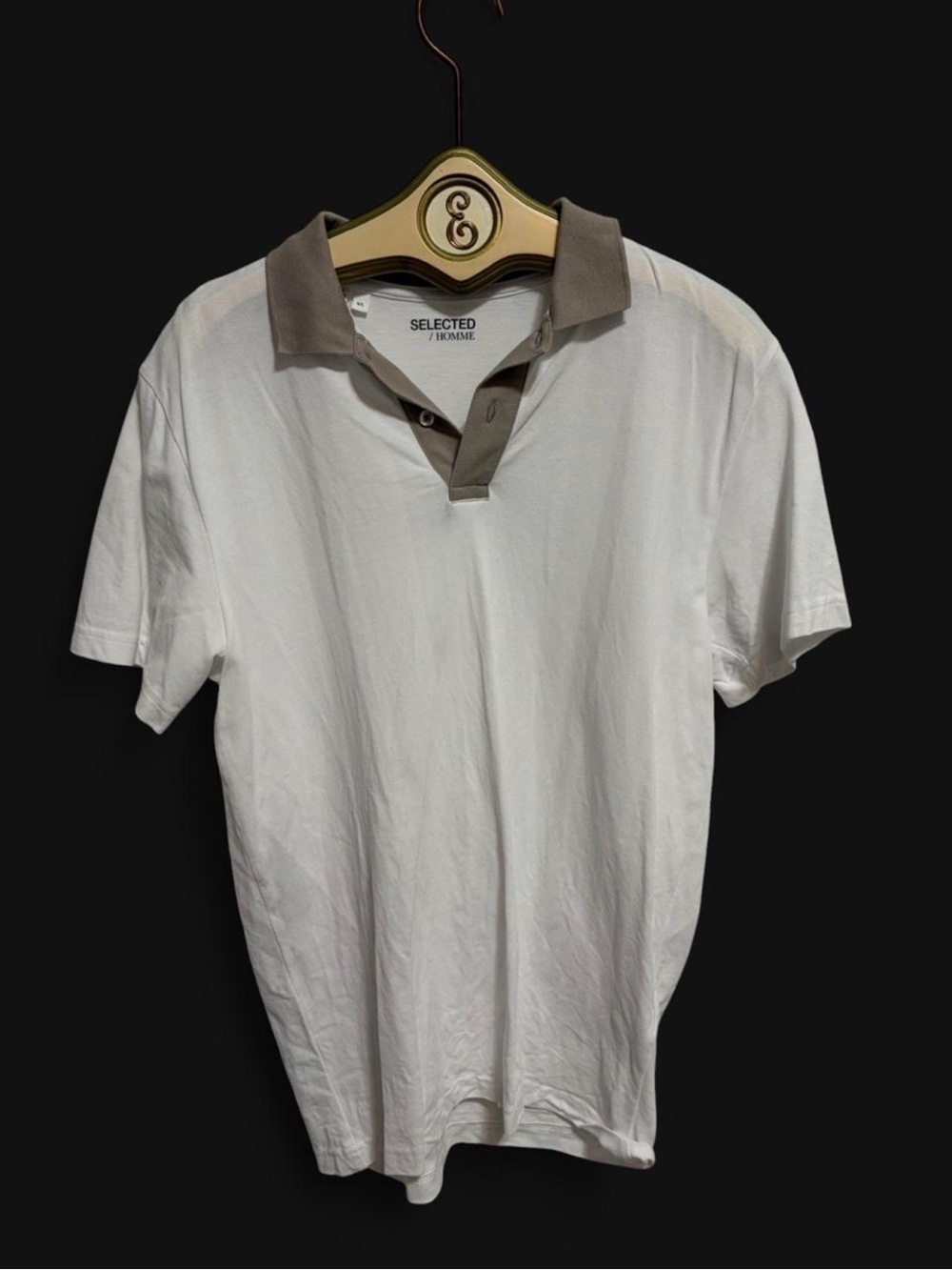 Selected Homme White Polo Shirt with Taupe Collar